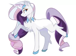 Size: 725x533 | Tagged: artist needed, source needed, safe, derpibooru import, rarity, pony, unicorn, leak, spoiler:g5, beautiful, chest fluff, colored hooves, female, g5, hooves, jewelry, mare, multicolored hair, multicolored tail, necklace, raised hoof, rarity (g5), redesign, simple background, solo, tiara, white background