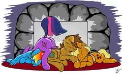 Size: 2760x1664 | Tagged: safe, alternate version, artist:lucas_gaxiola, derpibooru import, applejack, rainbow dash, twilight sparkle, oc, earth pony, pegasus, pony, unicorn, colored, eyes closed, female, fireplace, male, mare, prone, signature, sleeping, stallion, underhoof, unicorn twilight