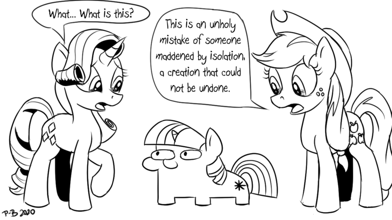 Size: 1200x675 | Tagged: safe, artist:pony-berserker, derpibooru import, applejack, rarity, twilight sparkle, earth pony, unicorn, black and white, cowboy hat, female, grayscale, hat, lineart, mare, monochrome, signature, simple background, speech bubble, squatpony, trio, twiggie, unicorn twilight, white background