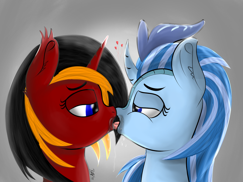 Size: 1600x1200 | Tagged: suggestive, artist:kalashnikitty, derpibooru import, oc, oc:akumu, oc:red flame, kirin, pony, backlit, female, french kiss, kirin oc, kissing, lesbian, making out, tongue wrestling