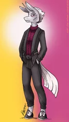 Size: 682x1200 | Tagged: safe, artist:kaemantis, deleted from derpibooru, derpibooru import, zesty gourmand, anthro, unguligrade anthro, unicorn, clothes, commission, female, hands in pockets, pants, shoes, signature, solo, suit