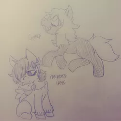 Size: 2340x2340 | Tagged: safe, artist:shpace, derpibooru import, oc, oc:cipher, oc:paradise skies, earth pony, pegasus, pony, bow, hair bow, hair over one eye, monochrome, traditional art