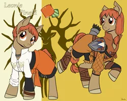 Size: 1280x1024 | Tagged: safe, artist:housho, derpibooru import, ponified, earth pony, pony, bracelet, clothes, female, fire emblem, fire emblem: three houses, jewelry, leonie pinelli, mare, quiver, raised hoof, shield, torn ear