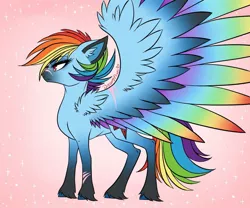 Size: 979x816 | Tagged: safe, artist:dreamyeevee, derpibooru import, rainbow dash, pegasus, pony, leak, spoiler:g5, colored wings, female, g5, hooves, mare, multicolored wings, rainbow dash (g5), rainbow wings, redesign, simple background, solo, spread wings, wings