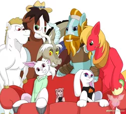 Size: 8000x7232 | Tagged: albino, alternate version, animal, anon's couch, anthro with ponies, artist:albinoraynedeer, big macintosh, bulk biceps, derpibooru import, discord, mouse, oc, oc:lorrayne blanc, piper perri surrounded, rabbit, rockhoof, straw in mouth, suggestive, trouble shoes