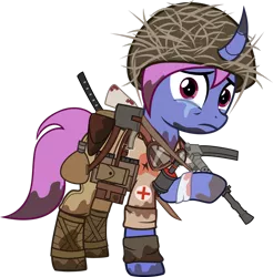 Size: 1280x1300 | Tagged: semi-grimdark, artist:n0kkun, derpibooru import, oc, oc:fukimo gen, unofficial characters only, pony, unicorn, bag, bandage, blood, boots, bottle, clothes, combat medic, crying, curved horn, female, flask, goggles, grenade, gun, helmet, holster, horn, imperial japan, imperial japanese army, katana, mare, medic, military, mud, pants, pouch, raised hoof, sad, saddle bag, shirt, shoes, simple background, solo, submachinegun, sword, transparent background, weapon, world war ii