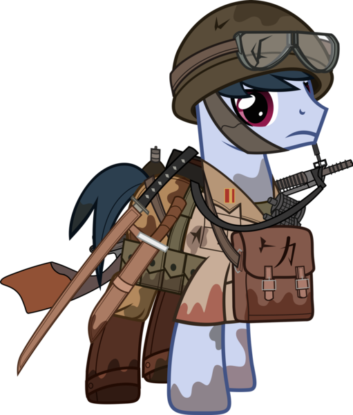 Size: 1280x1502 | Tagged: safe, artist:n0kkun, derpibooru import, oc, oc:hiroshi seung, unofficial characters only, earth pony, pony, belt, boots, bottle, clothes, dirt, flask, goggles, gun, helmet, imperial japan, imperial japanese army, kanji, katana, knife, machine gun, male, military, mud, pants, pouch, shirt, shoes, simple background, solo, stallion, sword, transparent background, weapon, world war ii