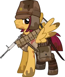 Size: 1280x1509 | Tagged: safe, artist:n0kkun, derpibooru import, oc, oc:shiro tai, unofficial characters only, pegasus, pony, bag, belt, boots, clothes, dirt, gun, hat, imperial japan, imperial japanese army, katana, male, military, mud, pants, pouch, rifle, saddle bag, shoes, simple background, solo, stallion, sword, tanktop, transparent background, weapon, world war ii