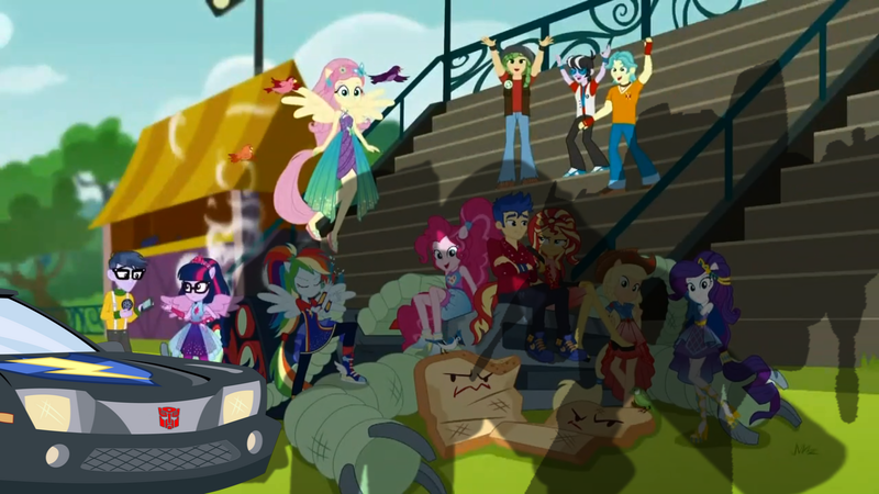 Size: 1366x768 | Tagged: safe, artist:electrahybrida, derpibooru import, edit, edited screencap, screencap, applejack, brawly beats, flash sentry, fluttershy, jvj-24601, microchips, pinkie pie, rainbow dash, rarity, ringo, sandalwood, sci-twi, sunset shimmer, twilight sparkle, oc, oc:flashbee, cheer you on, equestria girls, equestria girls series, spoiler:eqg series (season 2), autobot, bleachers, blue sneakers, bumblebee, car, cheer you on: attack of the decepticons, clash of hasbro's titans, crossover, decepticon, flash sentry's car, humane five, humane seven, humane six, implied megatron, implied sequel, implied starscream, megatron, not bumblebee, ponied up, sequel, shading, shadow, starscream, transformers