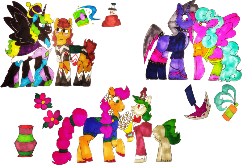 Size: 6000x4000 | Tagged: safe, artist:missroxielove, derpibooru import, oc, oc:captain stone sword, oc:grapevine daises, oc:prince nightfall spellcast, oc:purple pedicure, oc:soothing scent, oc:vino valentine, unofficial characters only, alicorn, earth pony, pegasus, pony, unicorn, :o, alicorn oc, armor, blaze (coat marking), blushing, boop, boots, bouquet, bracelet, clothes, collar, crown, ear piercing, earring, eyebrow piercing, eyeshadow, female, flannel, flower, flower in hair, gay, glowing horn, hoof shoes, horn, jacket, jewelry, kissing, leather jacket, leg warmers, lesbian, levitation, magic, makeup, male, mare, noseboop, oc x oc, open mouth, overalls, piercing, raised hoof, raised leg, regalia, robe, scar, shipping, shirt, shoes, simple background, skirt, socks, spiked collar, stallion, straight, suit, t-shirt, telekinesis, traditional art, transparent background, wall of tags, wings, wristband