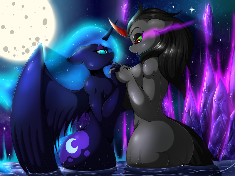 Size: 1920x1440 | Tagged: questionable, alternate version, artist:suirano, derpibooru import, king sombra, nightmare moon, princess luna, alicorn, anthro, unicorn, breasts, busty nightmare moon, busty queen umbra, butt, female, half r63 shipping, holding hands, huge butt, large butt, lesbian, looking at each other, lumbra, mare, moonbutt, nudity, queen umbra, rule 63, shipping, sombra eyes, straight, water