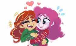 Size: 1368x840 | Tagged: safe, artist:wimsie, derpibooru import, pinkie pie, sunset shimmer, human, equestria girls, blushing, clothes, cute, diapinkes, female, holiday, hug, lesbian, shimmerbetes, shipping, sunsetpie, sweater