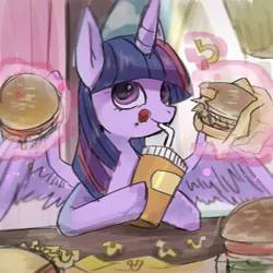Size: 1000x1000 | Tagged: safe, artist:hosikawa, derpibooru import, twilight sparkle, twilight sparkle (alicorn), alicorn, pony, adorkable, burger, cute, dork, drink, drinking, eating, fast food, female, food, french fries, hay burger, hay fries, hoof hold, horseshoe fries, japanese, magic, mare, messy eating, sitting, solo, spread wings, straw, telekinesis, this will end in weight gain, twiabetes, twilight burgkle, wings