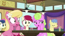 Size: 1920x1080 | Tagged: a trivial pursuit, bon bon, daisy, derpibooru import, drink, flower trio, flower wishes, goldengrape, lily, lily valley, roseluck, safe, screencap, sir colton vines iii, sweetie drops