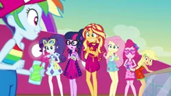 Size: 1920x1080 | Tagged: safe, derpibooru import, screencap, applejack, fluttershy, pinkie pie, rainbow dash, rarity, sci-twi, sunset shimmer, twilight sparkle, equestria girls, equestria girls series, spring breakdown, spoiler:eqg series (season 2), humane five, humane seven, humane six, sleeveless