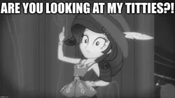 Size: 1136x640 | Tagged: suggestive, derpibooru import, edit, edited screencap, editor:useraccount, screencap, rarity, equestria girls, equestria girls series, rarity investigates: the case of the bedazzled boot, breasts, caption, image macro, looking at you, meme, text