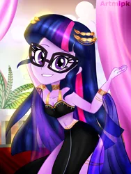 Size: 1800x2400 | Tagged: safe, artist:artmlpk, derpibooru import, sci-twi, twilight sparkle, equestria girls, adorasexy, adorkable, armlet, beautiful, beautisexy, belly dancer, belly dancer outfit, breasts, choker, cleavage, cleopatra, clothes, costume, crown, curtains, cute, desert, design, dork, dress, egypt, egyptian, eyelashes, female, harem outfit, jewelry, long hair, looking at you, midriff, necklace, outfit, plant, plants, regalia, sexy, smiling, smiling at you, solo, stupid sexy sci-twi, sunset, twiabetes