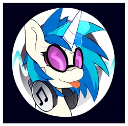 Size: 540x530 | Tagged: safe, artist:kribbles, derpibooru import, vinyl scratch, pony, unicorn, :p, bandaid, bust, button, female, glowing horn, headphones, horn, magic, magic aura, mare, portrait, solo, tongue out