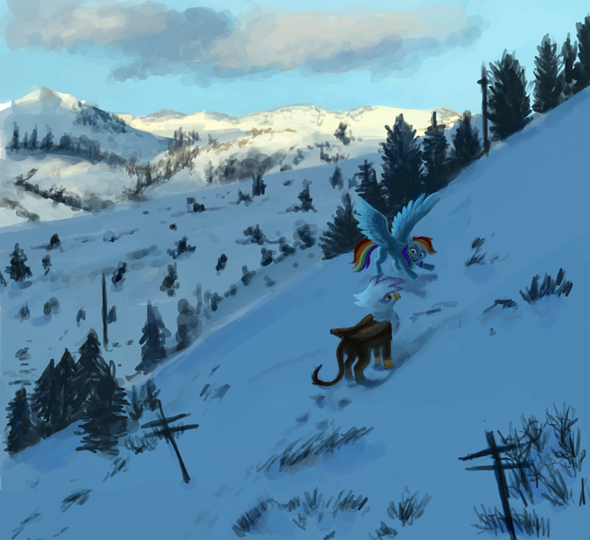 Size: 6000x5496 | Tagged: safe, artist:misstwipietwins, derpibooru import, gilda, rainbow dash, gryphon, pegasus, pony, absurd resolution, duo, female, flying, folded wings, head turned, image, looking at someone, mare, mountain, outdoors, png, scenery, snow, spread wings, standing, talking, tree, turned head, wings