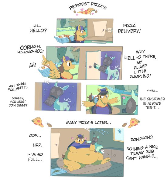 Size: 3755x4096 | Tagged: questionable, artist:gooeyplague, derpibooru import, oc, oc:pizza express, unofficial characters only, fly, insect, pegasus, pony, belly, belly button, bellyrubs, big belly, clothes, comic, commission, dialogue, duo, fat, floating heart, food, gas mask, hat, heart, high res, hoof on belly, house, mask, meat, morbidly obese, obese, pepperoni, pepperoni pizza, pizza, pizza box, pizza delivery, plewds, shirt, sitting, underhoof, weight gain