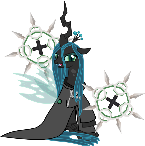 Size: 2840x2858 | Tagged: artist:sketchmcreations, axel, chakram, changeling, changeling queen, clothes, coat, derpibooru import, female, kingdom hearts, looking at you, nobody, organization xiii, queen chrysalis, raised hoof, safe, simple background, sitting, smiling, transparent background, vector, weapon