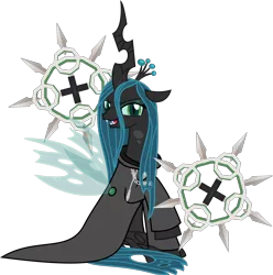 Size: 2840x2858 | Tagged: artist:sketchmcreations, axel, chakram, changeling, changeling queen, clothes, coat, derpibooru import, female, kingdom hearts, looking at you, nobody, organization xiii, queen chrysalis, raised hoof, safe, simple background, sitting, smiling, transparent background, vector, weapon