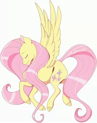 Size: 3250x4096 | Tagged: safe, artist:mapleiciousmlp, derpibooru import, fluttershy, pegasus, pony, design, eyes closed, long mane, shirt design, signature, simple background, smiling, solo, speedpaint available, spread wings, white background, wings