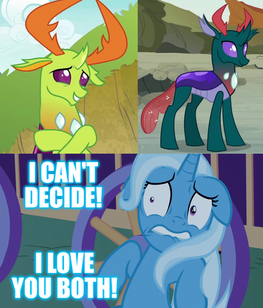Size: 3080x3600 | Tagged: safe, derpibooru import, edit, edited screencap, screencap, pharynx, thorax, trixie, changedling, changeling, pony, unicorn, to change a changeling, to where and back again, triple threat, caption, changedling brothers, female, image macro, king thorax, male, meme, phartrix, prince pharynx, shipping, straight, text, thoraxie, trixie yells at everything