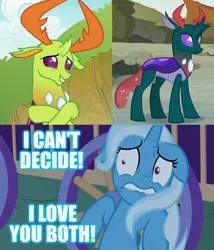 Size: 3080x3600 | Tagged: safe, derpibooru import, edit, edited screencap, screencap, pharynx, thorax, trixie, changedling, changeling, pony, unicorn, to change a changeling, to where and back again, triple threat, caption, changedling brothers, female, image macro, king thorax, male, meme, phartrix, prince pharynx, shipping, straight, text, thoraxie, trixie yells at everything