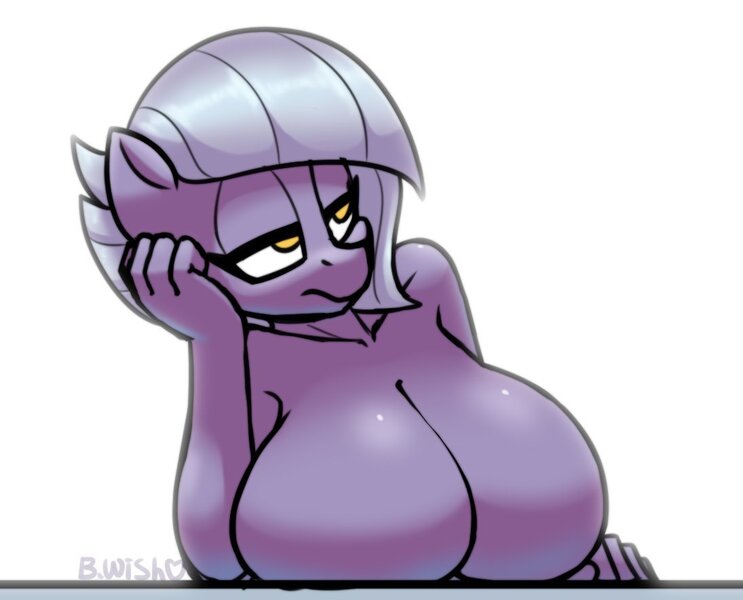 Size: 1095x884 | Tagged: suggestive, artist:puetsua, derpibooru import, limestone pie, anthro, earth pony, big breasts, breast rest, breasts, busty limestone pie, featureless breasts, female, huge breasts, image, jpeg, lidded eyes, mare, solo, solo female, unamused