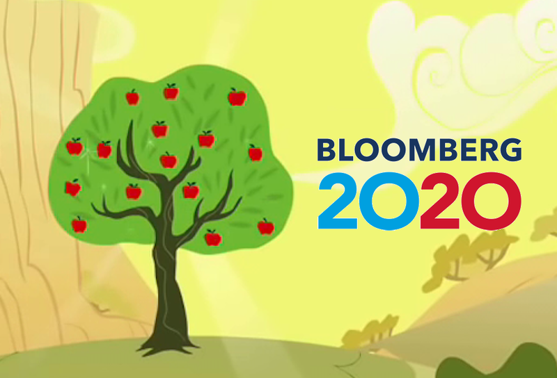 Size: 1000x680 | Tagged: safe, derpibooru import, edit, edited screencap, screencap, bloomberg, over a barrel, 2020, apple, apple tree, food, michael bloomberg, mostly sunny, no pony, politics, pun, text, tree