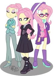 Size: 1491x2052 | Tagged: safe, artist:tassji-s, derpibooru import, fluttershy, equestria girls, fake it 'til you make it, alternate hairstyle, clothes, ear piercing, earring, fluttergoth, glasses, hair bun, hat, hipstershy, jewelry, multeity, pants, piercing, self paradox, severeshy, simple background, solo, sweater, transparent background, triality