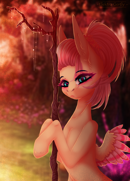 Size: 732x1020 | Tagged: alternate hairstyle, artist:elektra-gertly, derpibooru import, female, fluttershy, mare, pegasus, safe, solo, staff, stick, tree