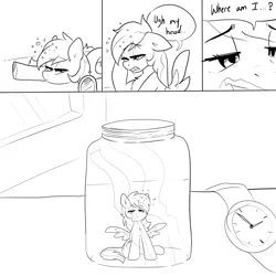 Size: 2000x2000 | Tagged: artist needed, suggestive, derpibooru import, rainbow dash, pegasus, pony, black and white, comic, cursed image, dizzy, grayscale, image, imminent cum jar, lewd container meme, lineart, meme, micro, monochrome, png, pony in a bottle, solo, squeans, the implications are horrible, this will end in cum, underhoof, waking up