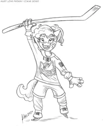 Size: 981x1200 | Tagged: anthro, artist:kaemantis, bandage, black and white, clothes, commission, derpibooru import, grayscale, hockey, hockey stick, ice skates, monochrome, plaid stripes, safe, signature, simple background, solo, sports, unguligrade anthro, white background