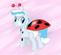 Size: 1280x1151 | Tagged: suggestive, artist:millenniumf, derpibooru import, oc, oc:snow frost, unofficial characters only, earth pony, insect, ladybug, pony, clothes, costume, diaper, diaper fetish, fetish, simple background, solo