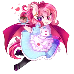 Size: 800x800 | Tagged: safe, artist:ipun, derpibooru import, oc, oc:blood moon, unofficial characters only, anthro, bat pony, unguligrade anthro, anthro oc, apron, arm hooves, bat pony oc, bat wings, clothes, deviantart watermark, dress, fangs, female, food, friendship cafe, heart, heterochromia, ice cream, maid, mare, obtrusive watermark, shoes, simple background, socks, solo, transparent background, watermark, wings