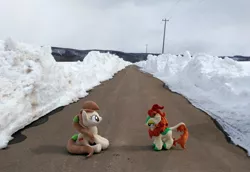 Size: 2080x1428 | Tagged: artist:hihin1993, autumn blaze, derpibooru import, irl, japan, oc, oc:pirika, photo, plushie, road, safe, snow