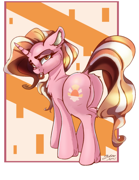 Size: 2000x2600 | Tagged: suggestive, artist:galinn-arts, derpibooru import, luster dawn, pony, unicorn, the last problem, abstract background, alternate hairstyle, butt, cute, dock, ear fluff, featureless crotch, female, fluffy, looking at you, lusty dawn, mare, mouth hold, sexy, solo