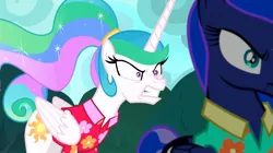 Size: 1024x574 | Tagged: safe, derpibooru import, screencap, princess celestia, princess luna, alicorn, pony, between dark and dawn, angry, argument, bickering sisters, breakdown, celestia is not amused, clothes, cutie mark, duo, ethereal mane, faic, female, flowing mane, folded wings, gritted teeth, hawaiian shirt, luna is not amused, mare, ponytail, royal sisters, shirt, shrunken pupils, siblings, sisters, tail bun, unamused, vacation, wings