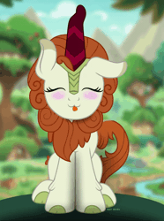 Size: 600x808 | Tagged: safe, artist:bastbrushie, derpibooru import, part of a set, autumn blaze, kirin, :3, animated, awwtumn blaze, bastbrushie is trying to kill us, blushing, cute, daaaaaaaaaaaw, eyes closed, fluffy, full face view, gif, happy, hnnng, horn, image, sitting, solo, tail, text, tongue out, tree