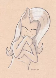 Size: 3243x4490 | Tagged: safe, artist:peruserofpieces, derpibooru import, fluttershy, pegasus, bust, crossed arms, female, mare, pencil drawing, smiling, toned paper, traditional art