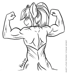 Size: 922x1000 | Tagged: anthro, artist:kaemantis, biceps, black and white, clothes, commission, derpibooru import, dress, female, flexing, grayscale, looking at you, looking back, looking back at you, monochrome, muscles, muscular female, part of a set, safe, signature, simple background, smiling, solo, sonata dusk, swolenata dusk, white background