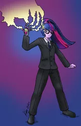 Size: 771x1200 | Tagged: safe, artist:kaemantis, deleted from derpibooru, derpibooru import, sci-twi, twilight sparkle, equestria girls, clothes, commission, crossover, female, glasses, gradient background, kaijudo, pants, purple background, signature, simple background, solo, suit