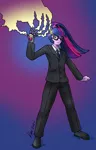 Size: 771x1200 | Tagged: safe, artist:kaemantis, deleted from derpibooru, derpibooru import, sci-twi, twilight sparkle, equestria girls, clothes, commission, crossover, female, glasses, gradient background, kaijudo, pants, purple background, signature, simple background, solo, suit