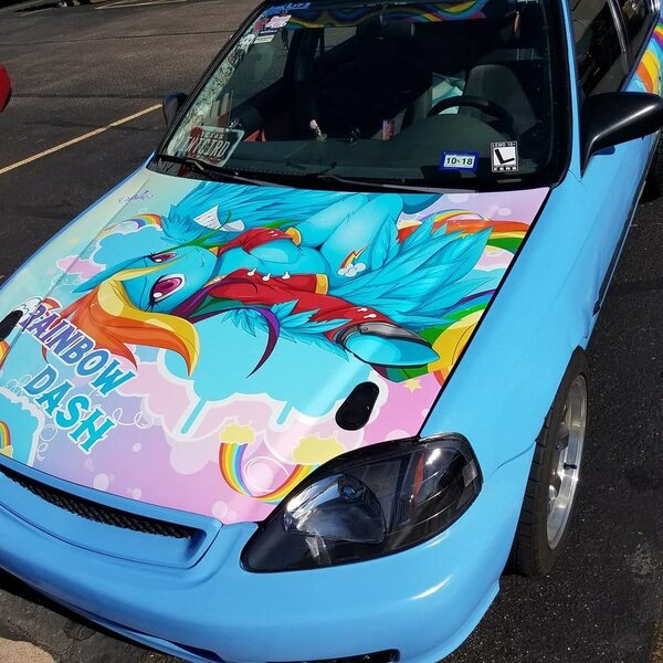 Size: 1000x1000 | Tagged: safe, artist:jinzhan, derpibooru import, rainbow dash, pegasus, pony, honda dash, car, female, honda, honda civic, irl, itasha, iwtcird, license plate, mare, meme, photo, solo, text