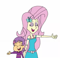 Size: 1233x1205 | Tagged: safe, artist:hunterxcolleen, derpibooru import, fluttershy, human, equestria girls, equestria girls series, so much more to me, bubble guppies, clothes, crossover, duo, eyes closed, gloves, oona, oona (bubble guppies), open mouth, raised hand, simple background, singing, stars, white background