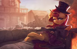 Size: 4000x2550 | Tagged: safe, artist:vanillaghosties, derpibooru import, sunset shimmer, pony, unicorn, building, bullet hole, clothes, couch, dress, female, fire, gun, hat, high res, mare, ruins, scenery, sitting, solo, top hat, town, unamused, underhoof, weapon