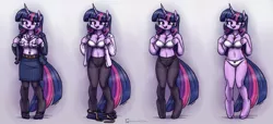 Size: 4392x2004 | Tagged: suggestive, artist:king-kakapo, derpibooru import, twilight sparkle, anthro, unguligrade anthro, unicorn, belt, bra, breasts, business suit, busty twilight sparkle, cleavage, clothes, female, jewelry, mare, necklace, panties, pantyhose, pinstripes, ribbon, shoes, skirt, skirt suit, solo, solo female, suit, underwear, unicorn twilight, white underwear