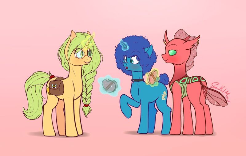 Size: 1280x815 | Tagged: safe, artist:soulfulmirror, derpibooru import, oc, oc:clypeus, oc:cyanus blues, oc:honey nevaeh, unofficial characters only, changedling, changeling, pony, unicorn, afro, bag, box of chocolates, braid, changeling oc, choker, female, glasses, magic, mare, pink background, saddle bag, simple background, telekinesis